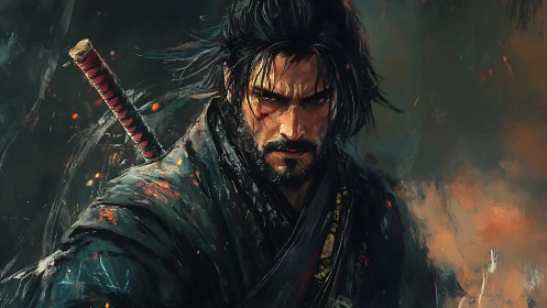 Battle-worn samurai stands in swirling embers and shadowed smoke