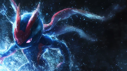 Midnight water warrior surging through starlit waves.