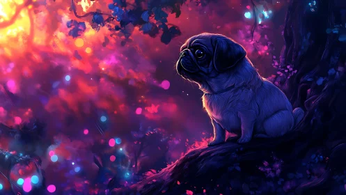 Pug on forest ledge under vivid neon colored twilight sky.