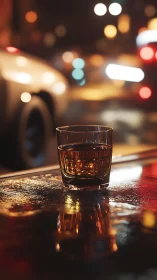 Whiskey Glass on Wet Pavement at Night.