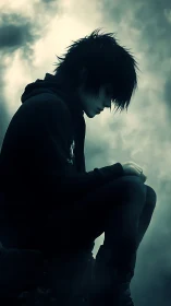 Stormlit silhouette of a brooding teen on the cliff edge.