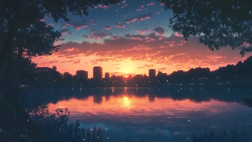 Gentle city sunset glows over a calm lakeside reflection