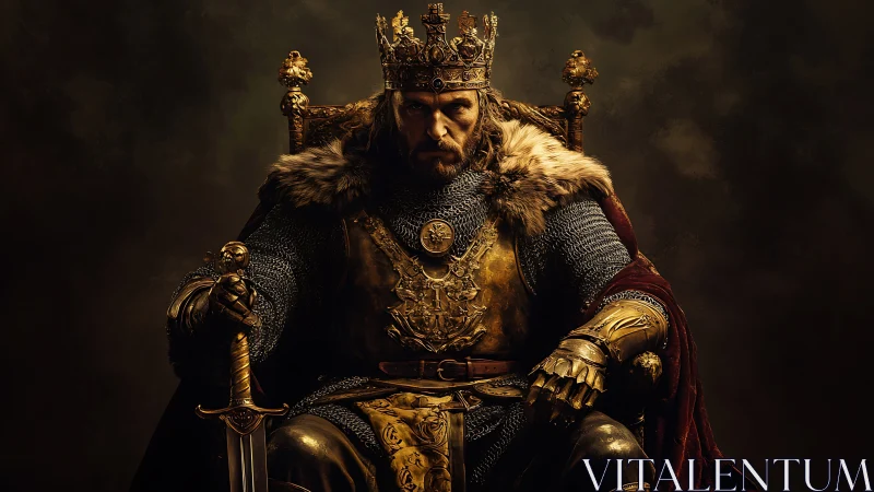 Medieval warrior king seated on gilded throne in armor.