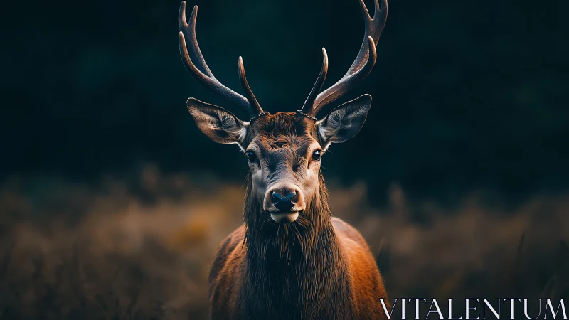 Male deer with antlers in shallow forest background field.