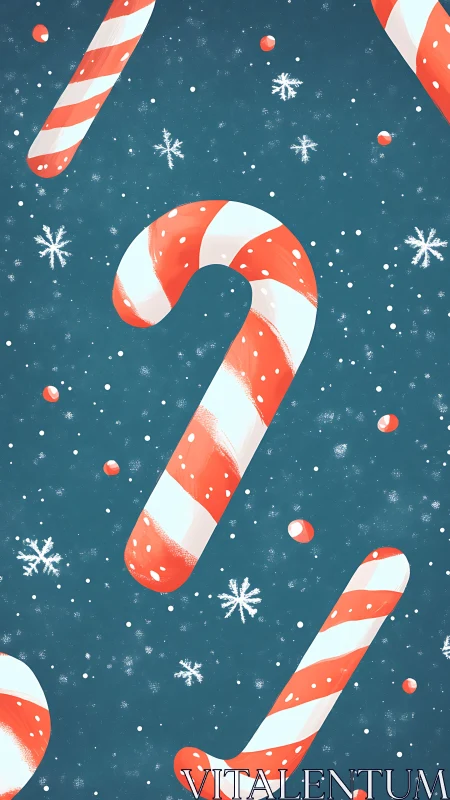 Candy cane holiday pattern with snowflakes on teal background.