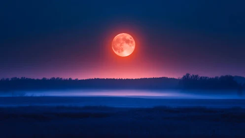 Cinematic blood moon over misty horizon in gradient twilight.