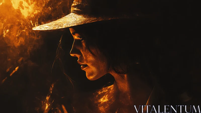 Side profile portrait of woman in hat with fiery lighting.