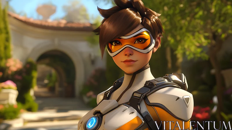 Armored sci fi heroine in sunny garden courtyard scene.