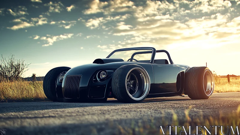 Sunset street rod crouches low and glints like liquid obsidian