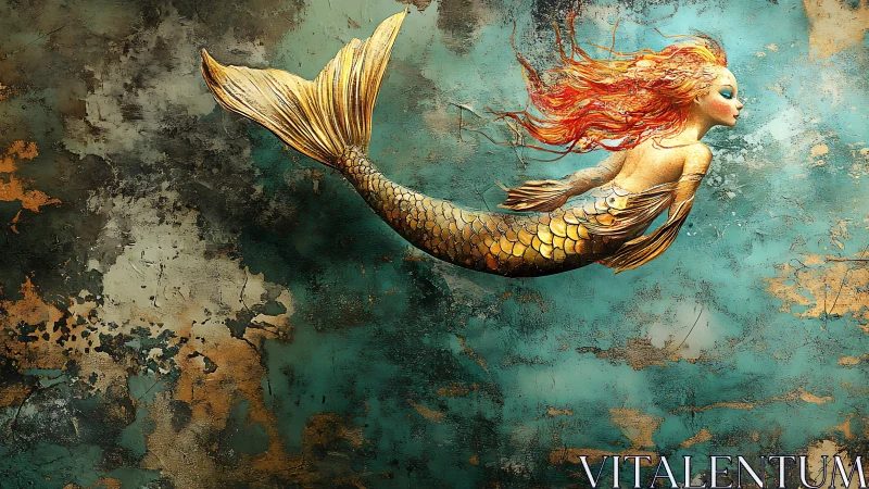 Mermaid figure rendered against distressed turquoise textured wall