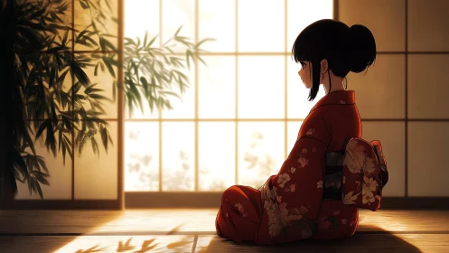 Evening shoji light cradles a quiet girl in crimson kimono
