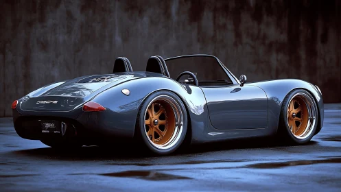 Sleek grey roadster with copper rims in reflective light.