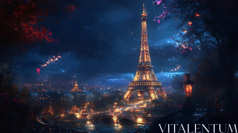 Eiffel Tower glows over nocturnal Paris under drifting lights