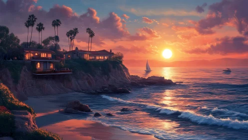 Sunlit coastal villas overlook a radiant cinematic ocean sunset