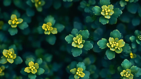 Delicate yellow blooms suspended in emerald shadows.
