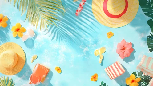 Summer beach accessories lie arranged on bright blue background