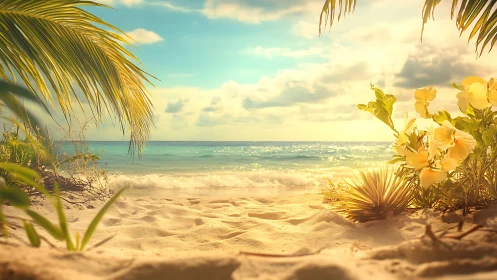 Tropical Beach with Palm Trees and Yellow Flowers