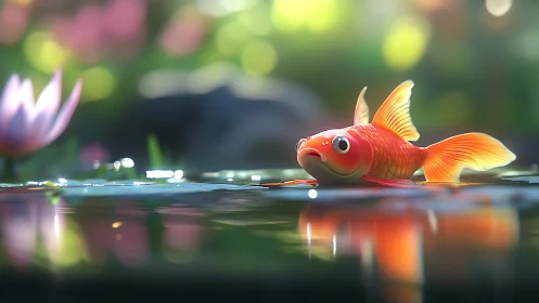 Orange goldfish near pond surface with blurred garden.