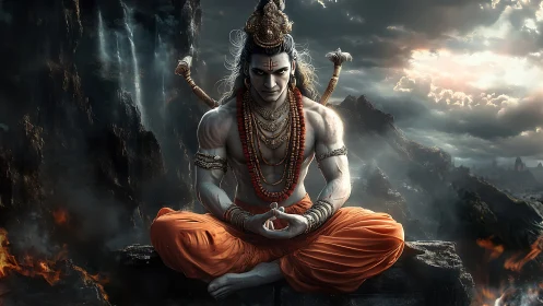 Mythic ascetic warrior meditates amid storm-laden volcanic cliffs