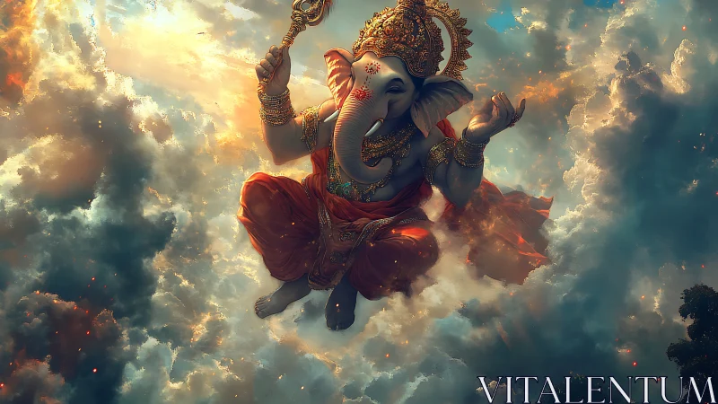 Elephant-headed deity in vivid clouds and golden light.