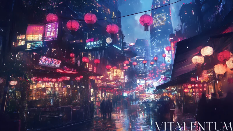 Cyberpunk night market under neon signs and lanterns glow.