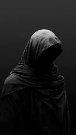 Hooded faceless figure in dark cloak on black background.