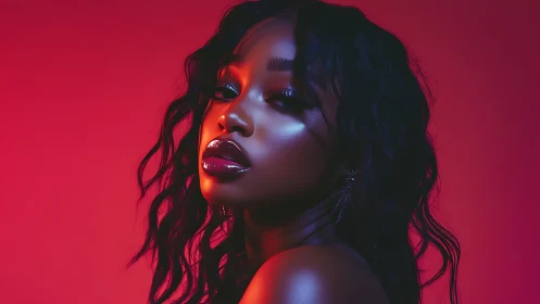 Velvet neon cascades across her glossy, midnight-lit gaze