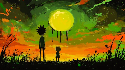 Silhouetted duo under glowing sun in abstract sunset sky.