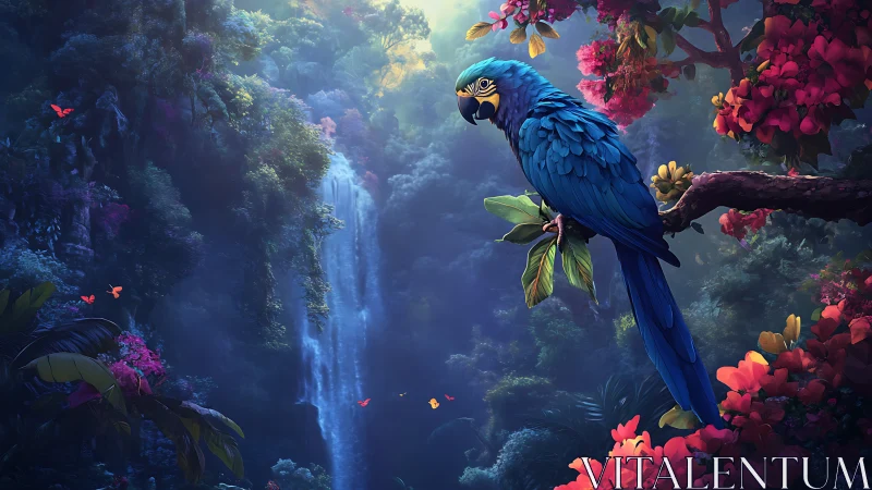 Vibrant blue macaw overlooking luminous jungle waterfall.