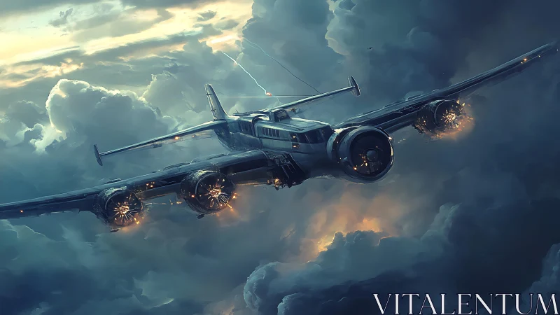 Storm-kissed warplane claws through electric twilight clouds