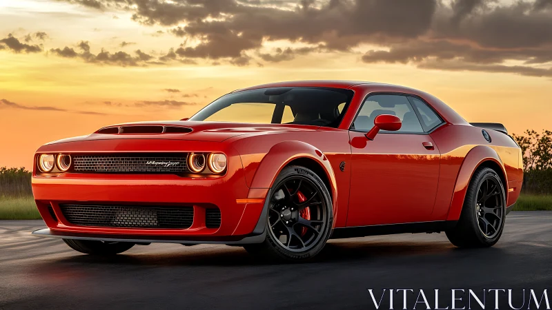 Red two door sports coupe on open road at sunset landscape.