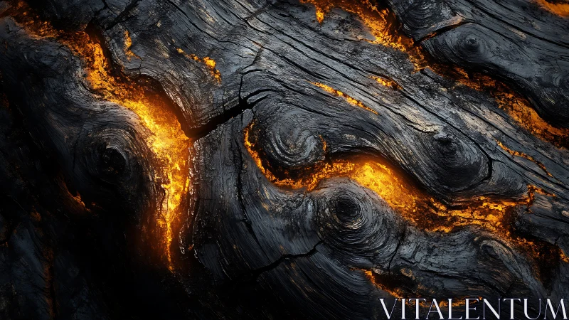 Charred wood grain structure illuminated by incandescent heat patterns