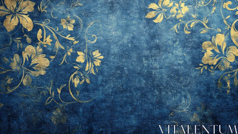 Gold floral scrollwork overlays textured ultramarine surface