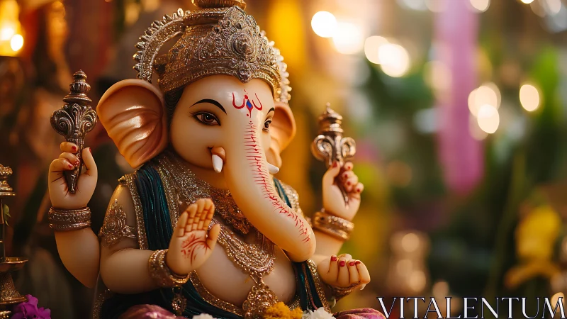 Ganesh idol with ornate crown in warm festive lighting.