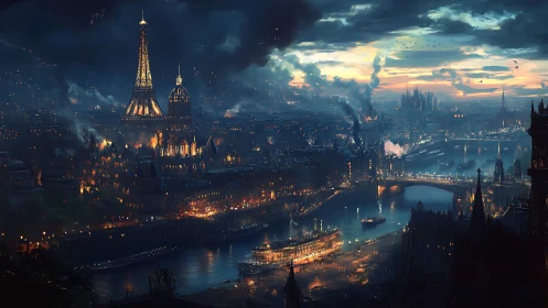 Midnight river city aglow with smoky steampunk lights.