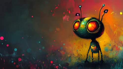 Small alien figure stands against saturated abstract backdrop