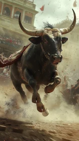 Charging black bull in dust-filled arena spectacle.