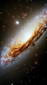 Spiral galaxy glows with golden core and dark dust ring.