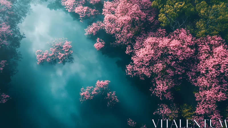Aerial cherry blossoms over tranquil teal forest river.