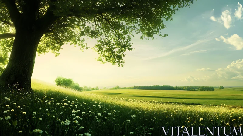 Sunlit meadow under a sheltering tree of gentle calm.