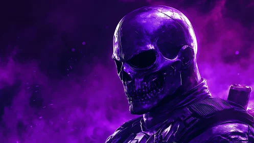 Purple skeletal figure in tactical gear stands in dense fog