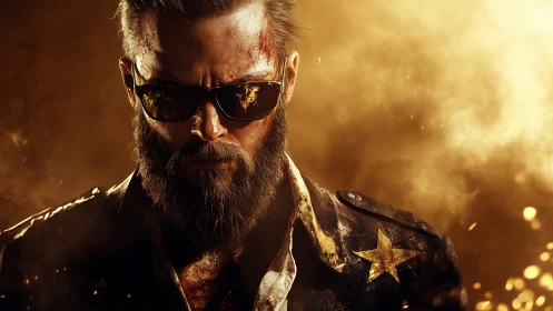 Bearded man in sunglasses stands in golden smoky backlight