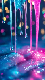 Neon drips of glittering liquid over bokeh lights at night.