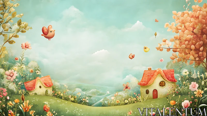 Whimsical cottages rest under drifting birds in spring valley