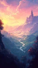 Sunset river curls toward the spired citadel of cloudlight