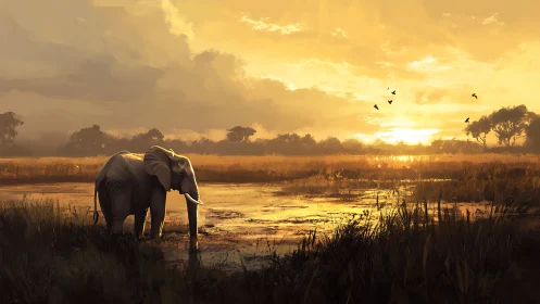 Elephant stands in shallow wetland under intense golden sunset