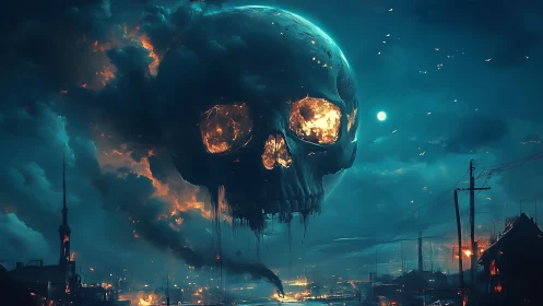 Burning storm skull over dystopian industrial cityscape.