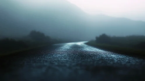 Glistening wet road curves gently into soft morning fog