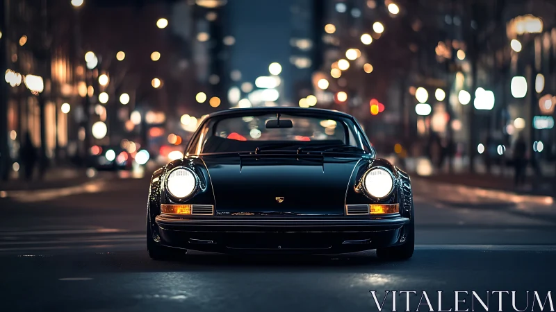 Classic black Porsche 911 front view on illuminated city street