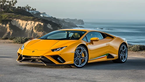 Sunlit yellow supercar prowls a coastal cliffside horizon.